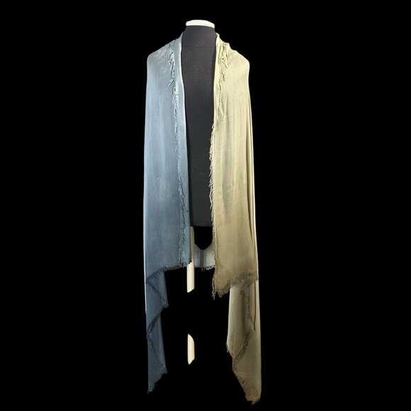 Scarf Ombré Blue Green Long Warm Soft Cotton Raw Edge - Picture 2 of 7